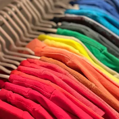 Shirts organized by color hanging up in a closet